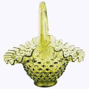 Vintage Fenton Hobnail Glass Basket Colonial Green Crimped Edge MCM